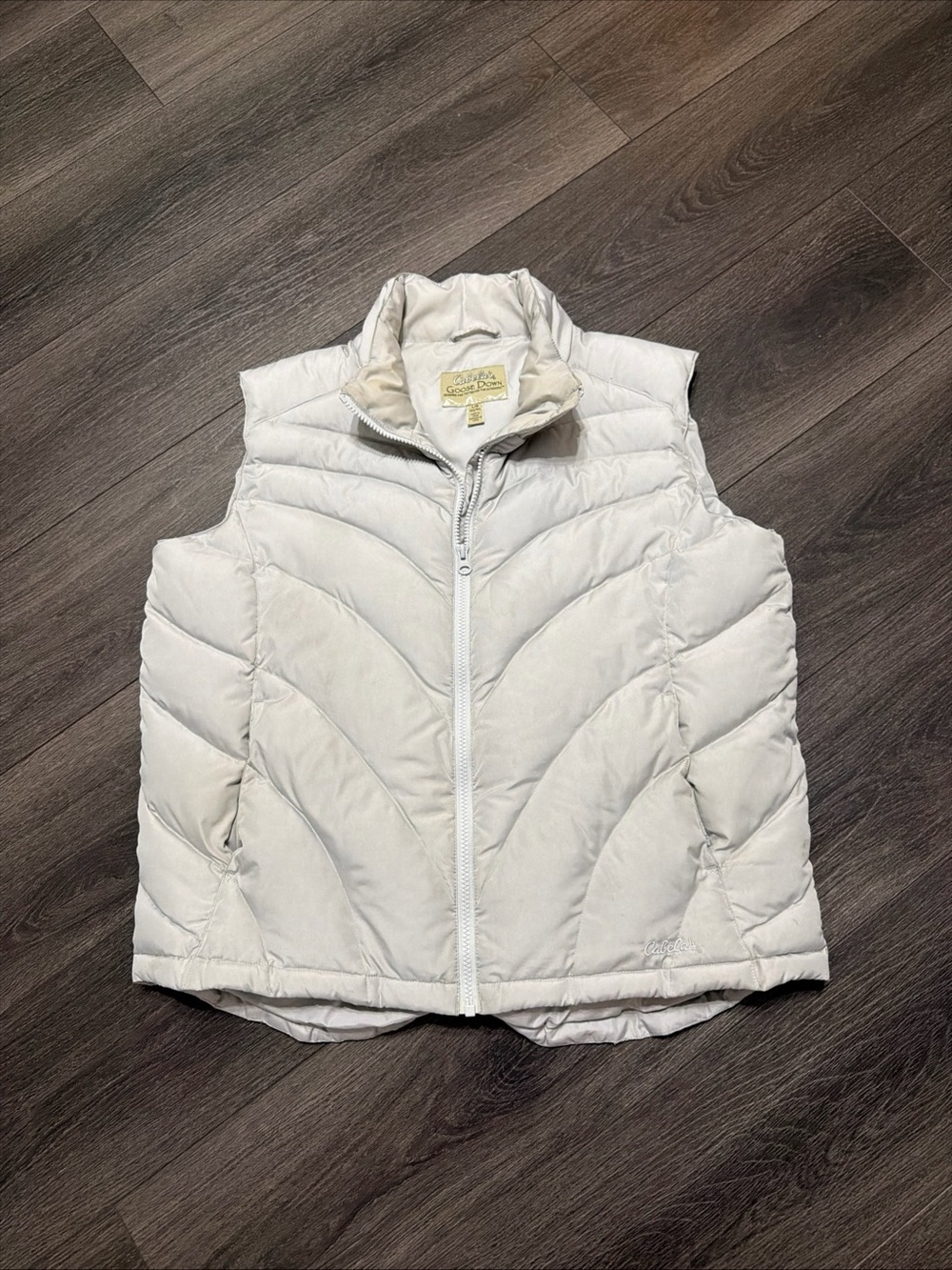 Cabelas goose down men’s large puffer vest light grey